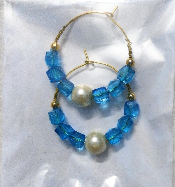 NIBRAS Blue Square-Cut Crystal Pearl Hoop Earrings - B09JM4H8RR, 7 gm, 4.5cm x 4cm x 1cm